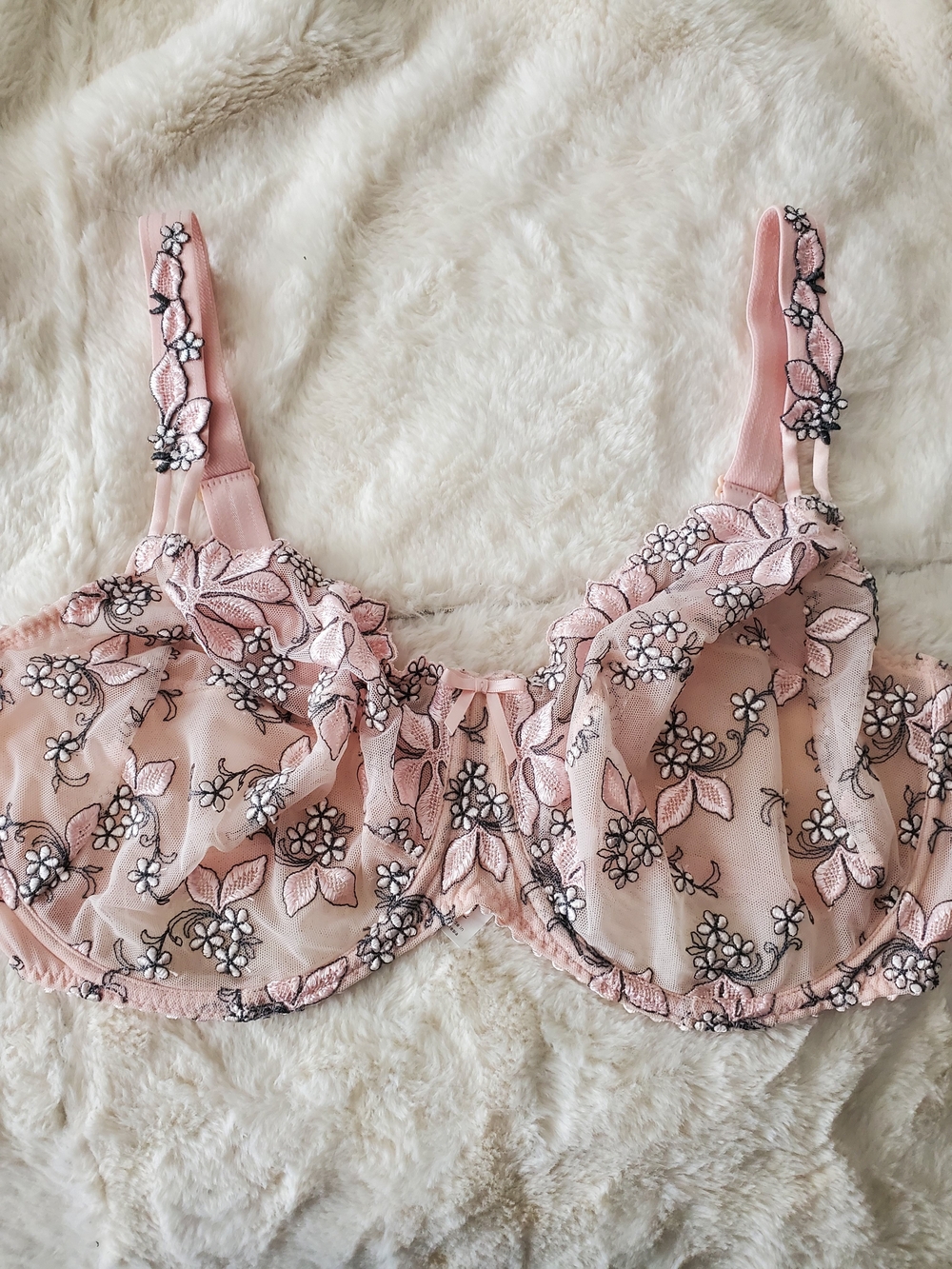 Prima Donna Sheer Floral Embroidered Bra in Light Pink with Black Accents 40DDD